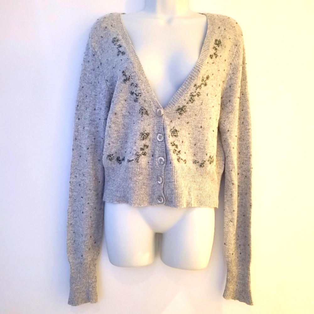AEO Soft Grey Beaded V Neck Cardigan